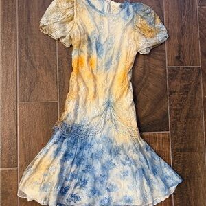 Barbara choros vintage 1980-1990 Chic Lace Midi Dress in Blue and Yellow